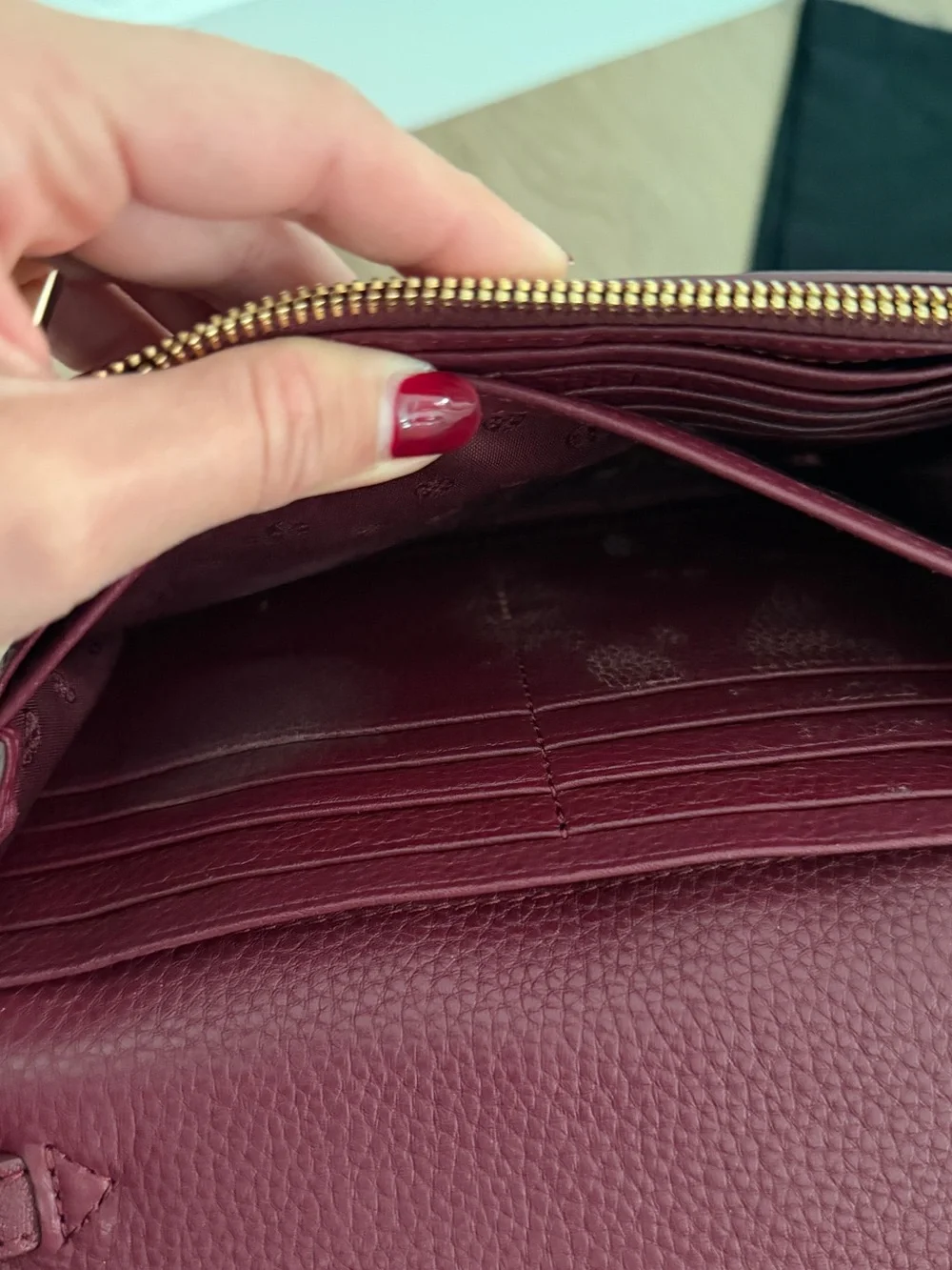 Tory Burch Burgundy Pebbled Leather Crossbody with Gold Logo Chain